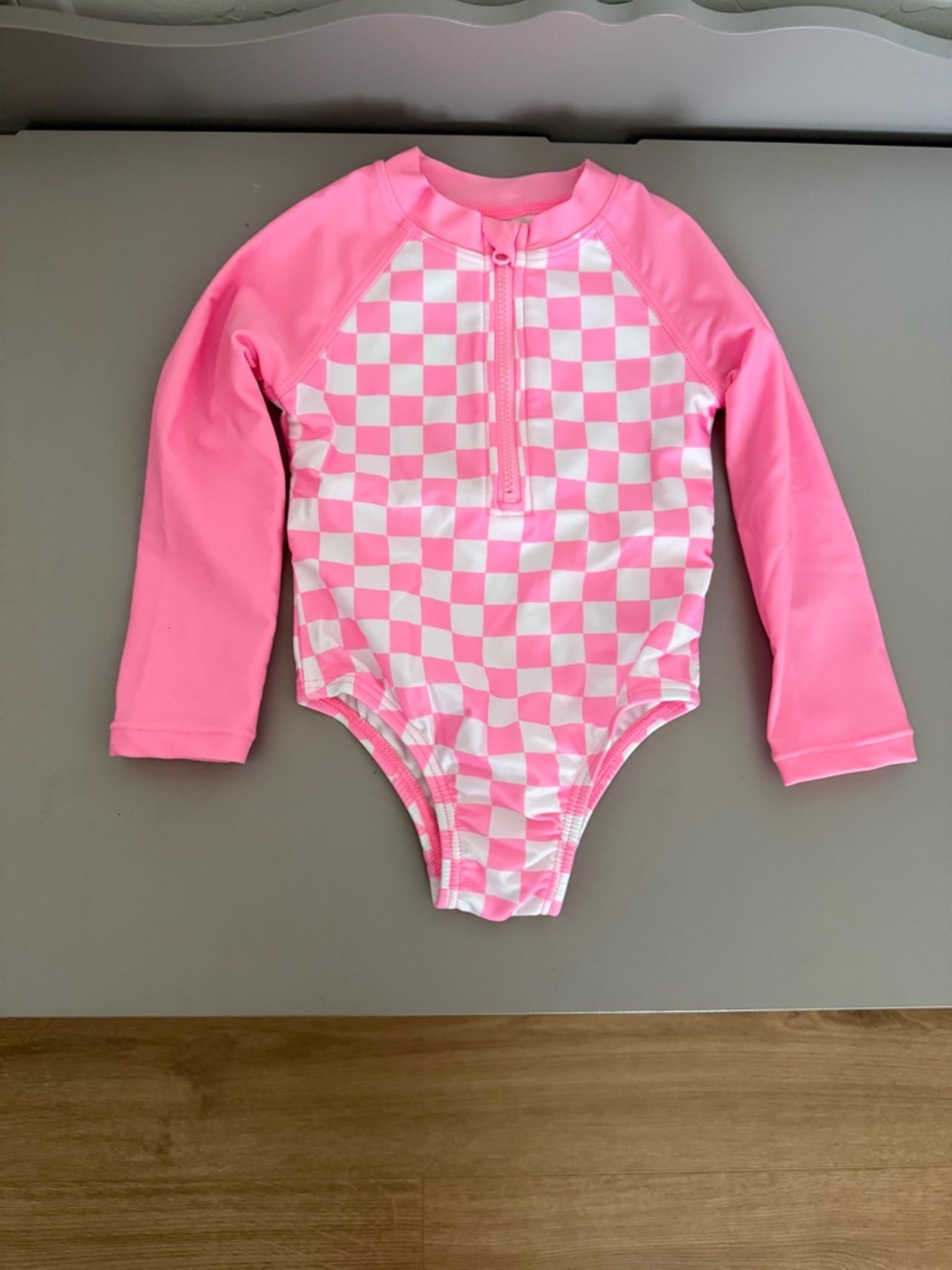 wonder nation Pink and White Checkerboard Long-Sleeve One-Piece Swimsuit